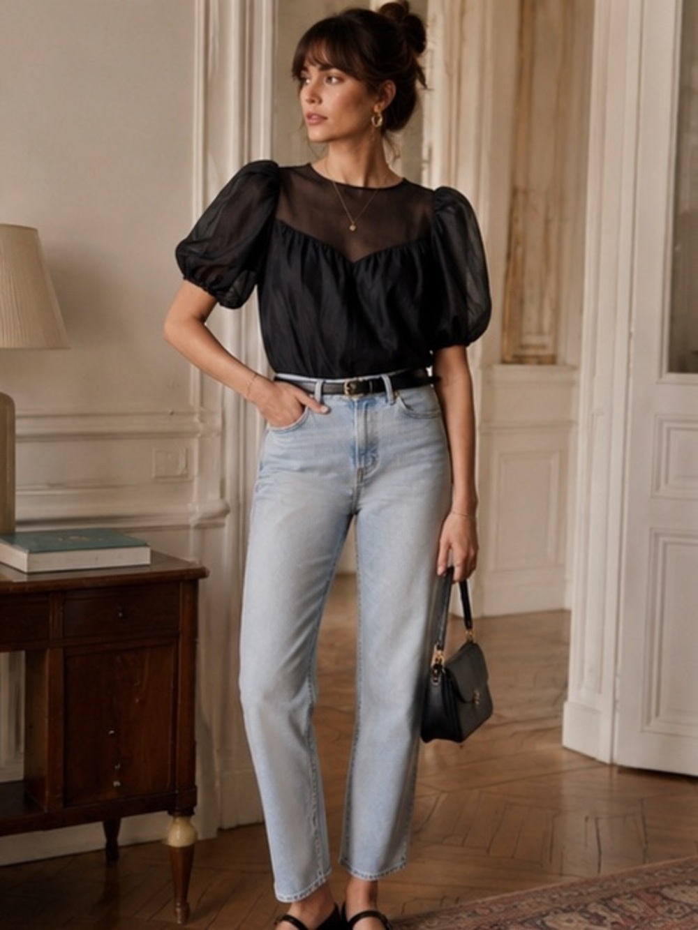 FRAME Black Silk Organza Puff Sleeve Sheer Yoke Blouse | Luxe Chic Top | S